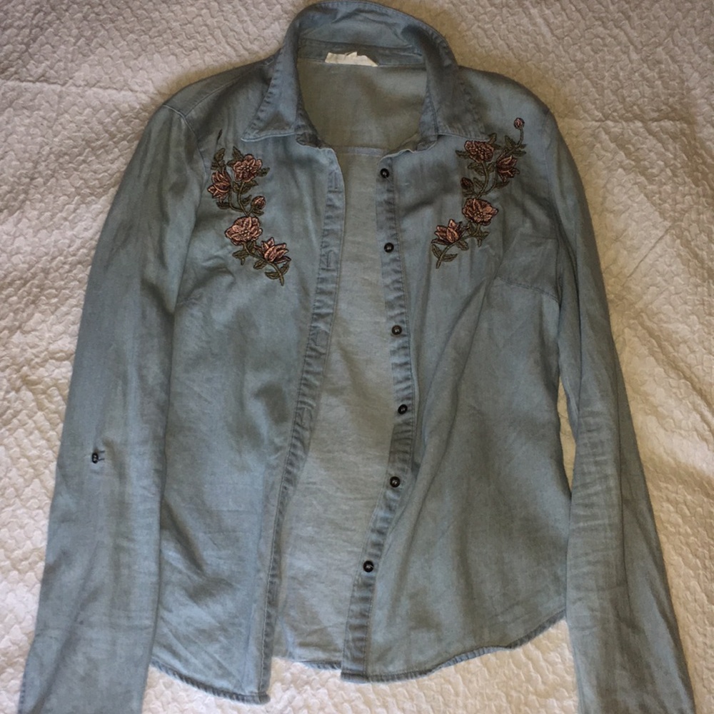 Denim Button Up with Floral Embroidery